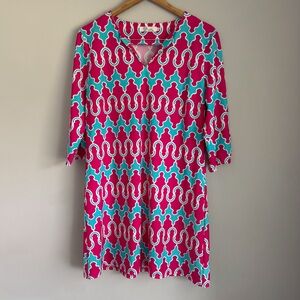 Kayeh XL Tunic Dress Pink Aqua Geometric Print | 3/4 Sleeve Boho Resort Style